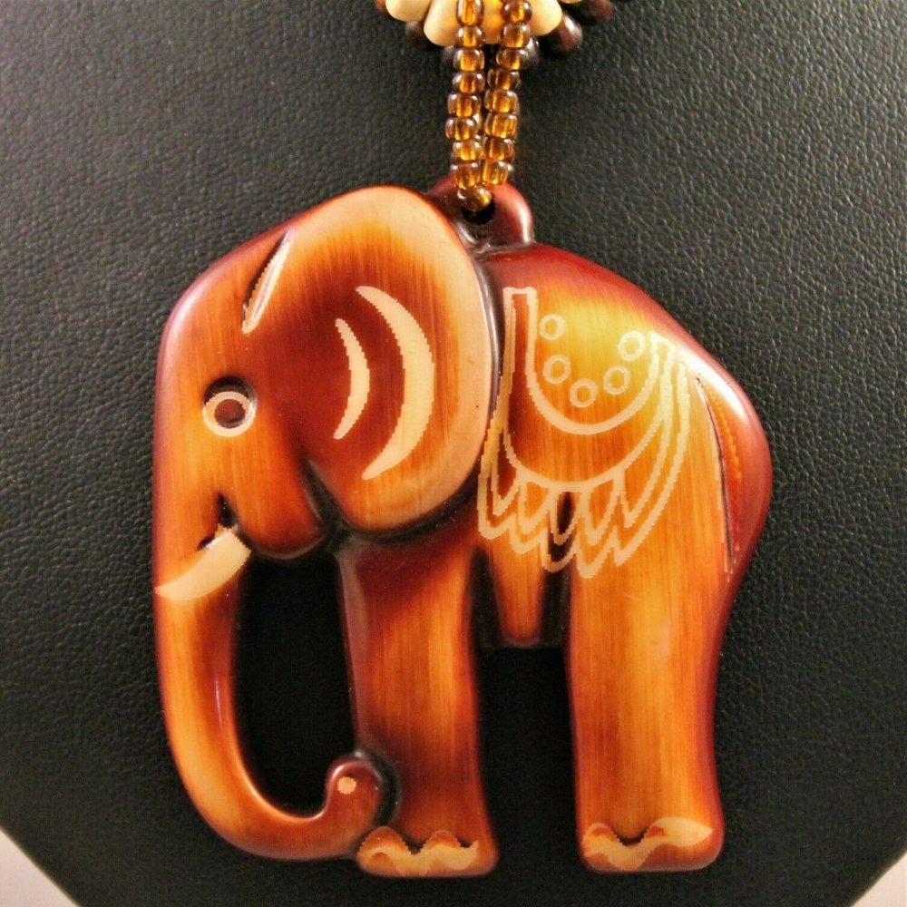 Large Wood Statement Elephant Pendant Necklace